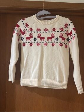 Hanna Andersson Cream Crewneck Sweater with Red & Navy Reindeer